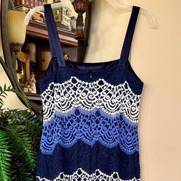 R&M Richards Multi-Shade Blue Scalloped Lace Formal Dress Satin Straps - Picture 5 of 13